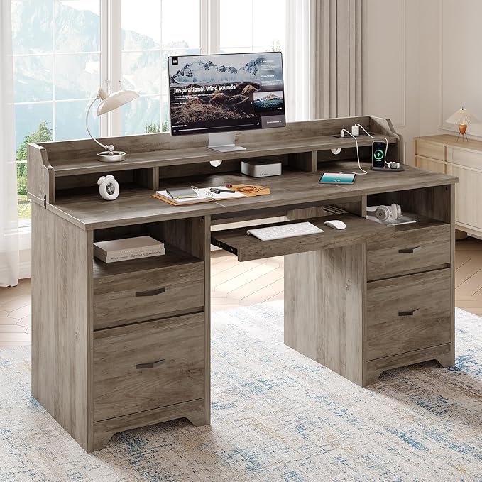 Bestier Farmhouse 59" Executive Desk with Drawers, Wood Computer Desk with Charging Station, Home Office Desk with Keyboard Tray & Monitor Stand, Sturdy Pedestal Desk for Work Study, Grey