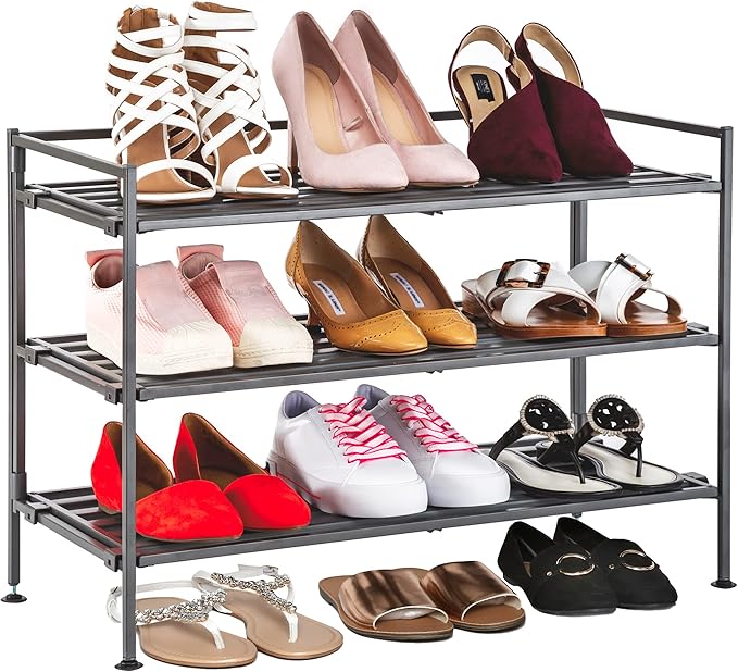 Seville Classics Sturdy Freestanding Storage Shelf for Bedroom, Closet, Entryway, Dorm Room Organizer Stackable Durable Metal Shoe Rack Ash Gray Slat, 3-Tier