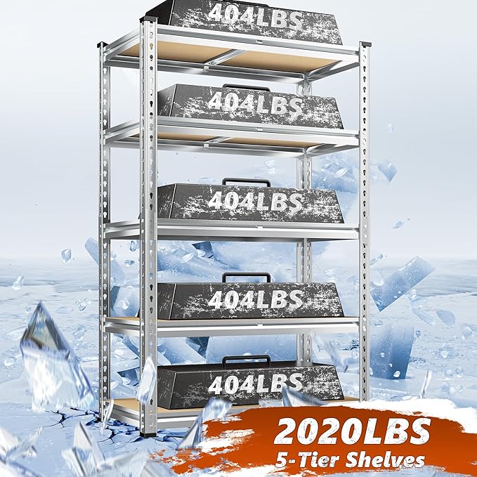 REIBII Garage Shelving, 5 Tier Storage Shelves Load 2020LBS, Adjustable Garage Shelves Heavy Duty, Metal Shelving Unit with Waterproof Columns, 35.5" W x 11.9" D x 72" H, Galvanized