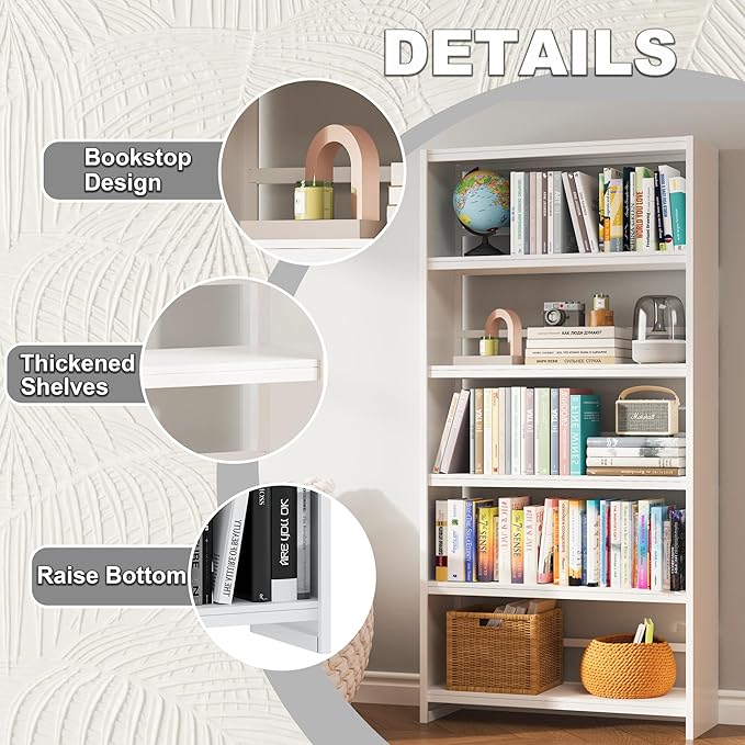 69.3" Tall Metal Bookshelf, White Bookcase with Display Shelves, 5 Tier Open Shelf Bookcases for Living Room, Bedroom, Home Office, Study, Library
