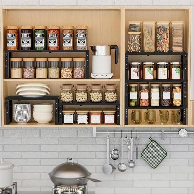 Expandable Spice Rack Organizion for Kitchen Cabinet, Seasoning,Bathroom Organizer Display Shelf, Stackable Multi-Purpose Shelves.Easy-to-Install（1Pack/Black,Medium