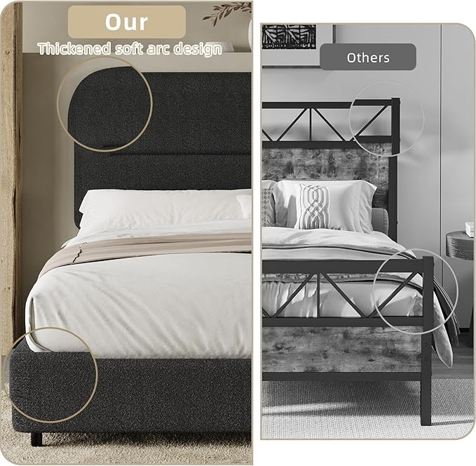 HOMBCK Twin Bed Frames with Headboard, Twin Size Boucle Upholstered Bed Frame for Kids, Soft Rounded Corners, Wooden Slats Support, No Box Spring Required, Easy Assembly, Black
