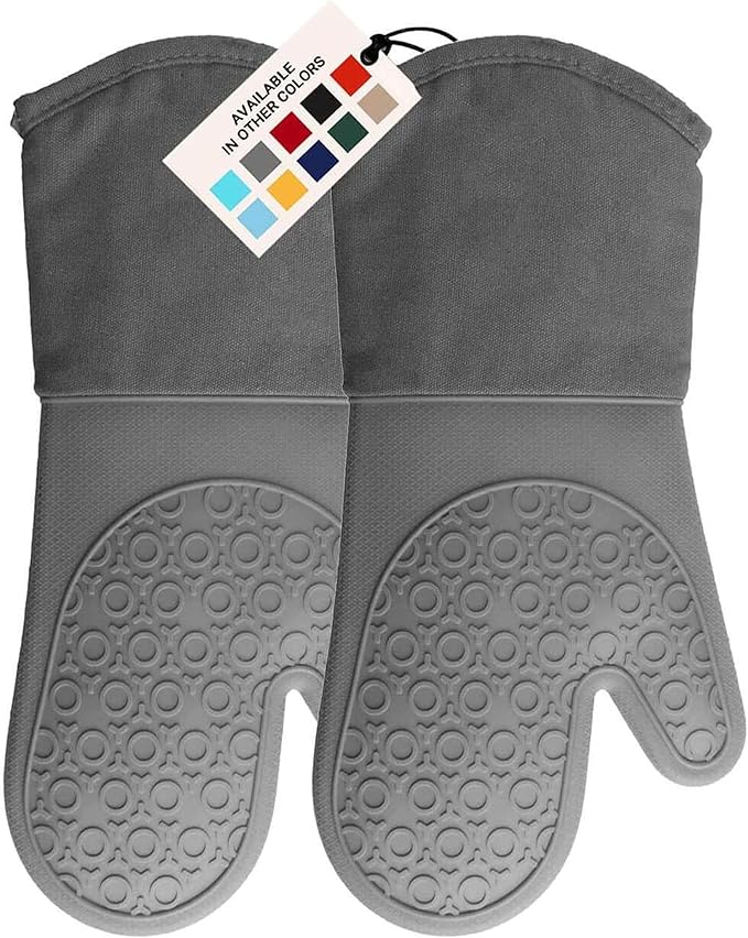 BPA-Free Soft Silicone Oven Mitts - Ultra Heat Resistant Oven Mitts with Thick Cotton Liner - Long Slip Resistant Pot Holders, Flexible Oven Gloves - Gray 13.7"