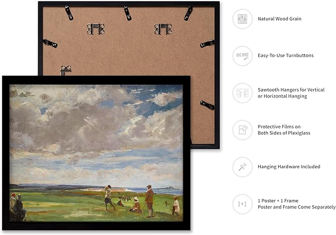 Poster Master Vintage Lady Astor Playing Golf at North Berwick Painting Poster - Retro Golf Course Print - Golf Art - Sports Art - Landscape Art - Office or Living Room Decor, 11x14 Black Framed