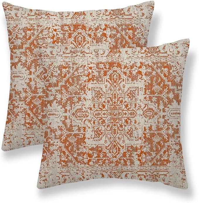 Fall Pillow Covers 20x20 Set of 2, Burnt Orange Boho Decorative Throw Pillows Ethnic Vintage Farmhouse Bohemian Carpet Pattern Pillow Cases Linen Gifts for Couch Sofa Outdoor Decor
