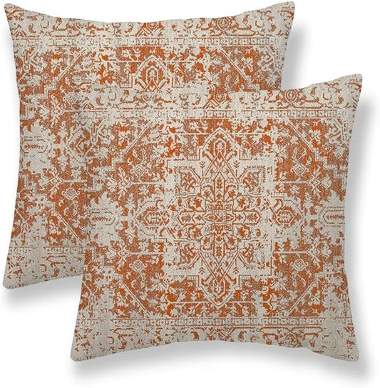 Fall Pillow Covers 20x20 Set of 2, Burnt Orange Boho Decorative Throw Pillows Ethnic Vintage Farmhouse Bohemian Carpet Pattern Pillow Cases Linen Gifts for Couch Sofa Outdoor Decor