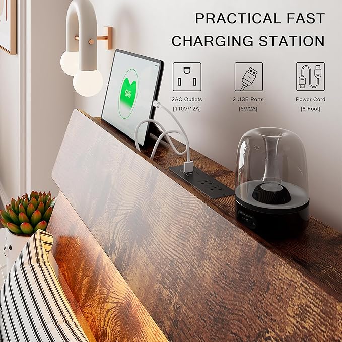 Floating Bed Frame Twin Size with Led Headboard and Charging Station, Metal Platform Bed Base with Storage, Remote Control, Heavy Slats Support, No Box Spring Needed, Noise Free, Vintage Brown