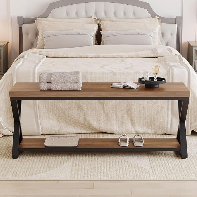 IBF Wood Entryway Bench, Wooden and Metal Bedroom Indoor Bench, Industrial Shoe Bench with Storage and Seating, Farmhouse Entry Bench for Foyer Entrance Hallway Living Dining Room, Rustic Oak, 47 Inch