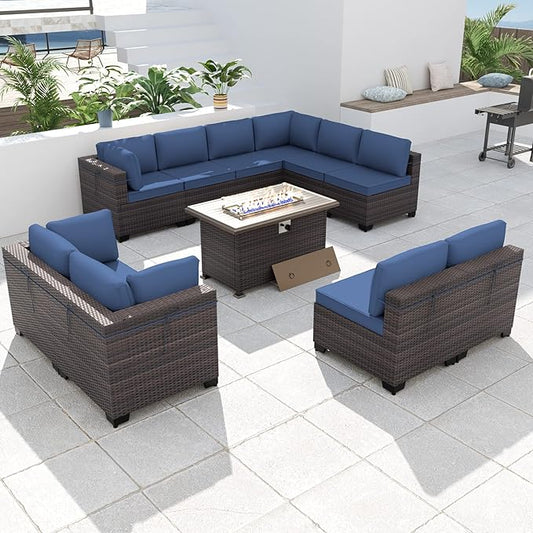 Kurapika 11 Pieces Patio Furniture Set, Rattan Wicker Outdoor Conversation Sets w/43in Propane Fire Pit Table and 4 Inch Cushion(Navy Blue)