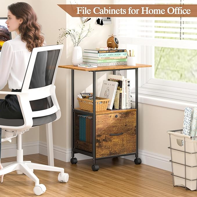File Cabinet Small Filing Cabinet with Lock Printer Stand with Storage, Rolling File Cabinet with Drawer Vertical File Cart with Wheels, Lockable Filing Cabinet for Home Office
