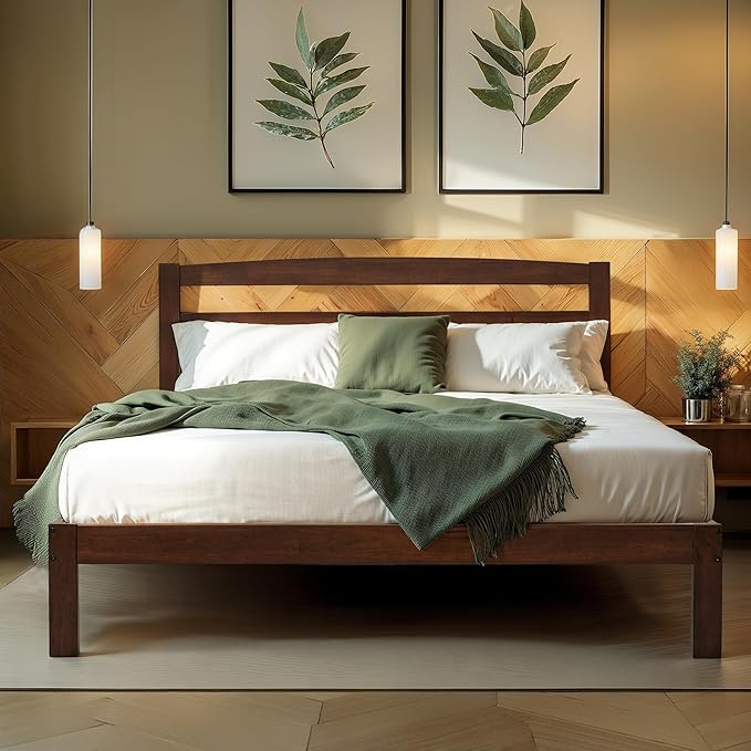 Hokway Wood King Bed Frame and Headboard- No Wobble,Noise-Free,Easy Assembly with Precise Holes,12 in Reinforced Center Legs,No Box Spring Needed,Walnut