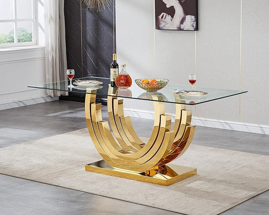 Goujxcy 70" Modern Glass Dining Table for 6-8, Luxury Gold Glass Dining Room Table with Mirrored Ring-Shape Stainless Steel Base, Rectangle Kitchen Dinner Tables for Dining Room Kitchen