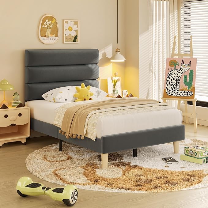 Twin Bed Frame, Platform Bed Frame with Velvet Upholstered Headboard, No Box Spring Needed, Sturdy Metal Support, Noise Free, Easy Assembly, Modern Bedroom Furniture, Grey