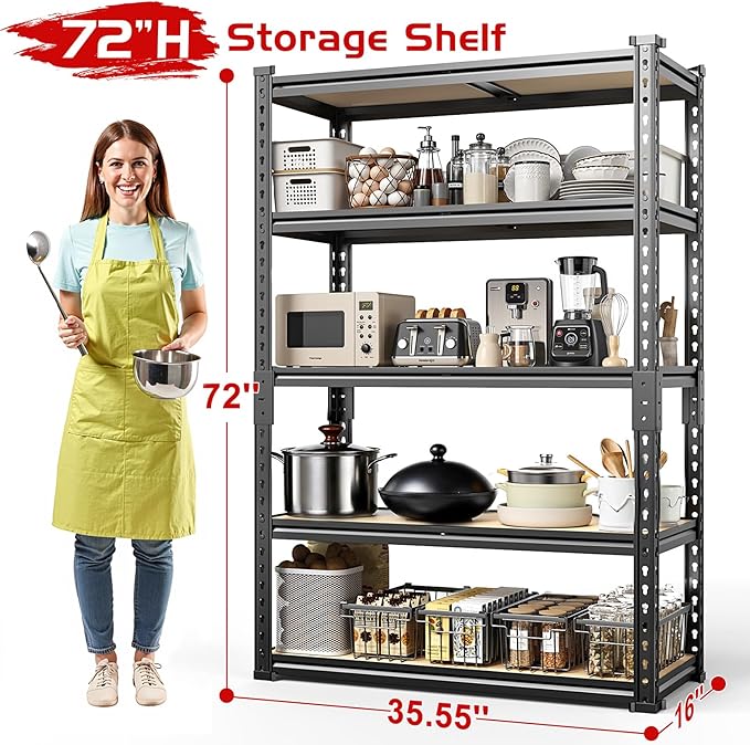 TigerParty 2020LBS Garage Shelving Units, 5-Tier Storage Shelves Heavy Duty, Adjustable Metal Organizer Utility Rack for Kitchen, Closet, Warehouse, Pantry, 72" H x 35.55" W x 16" D, 4PCS