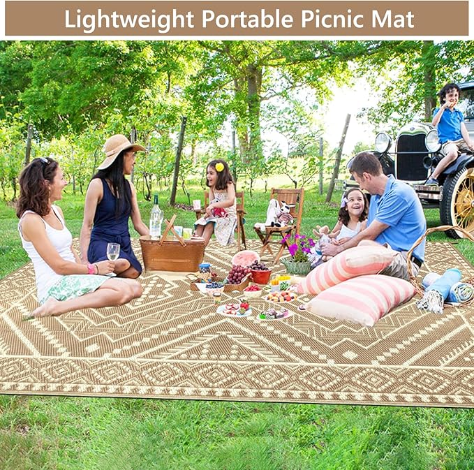 Waterproof Outdoor Rug 8x10 ft, Reversible Plastic Straw Mat, Large Floor Mat for Patio, Camping, Picnic, Backyard RV, Deck, Beige
