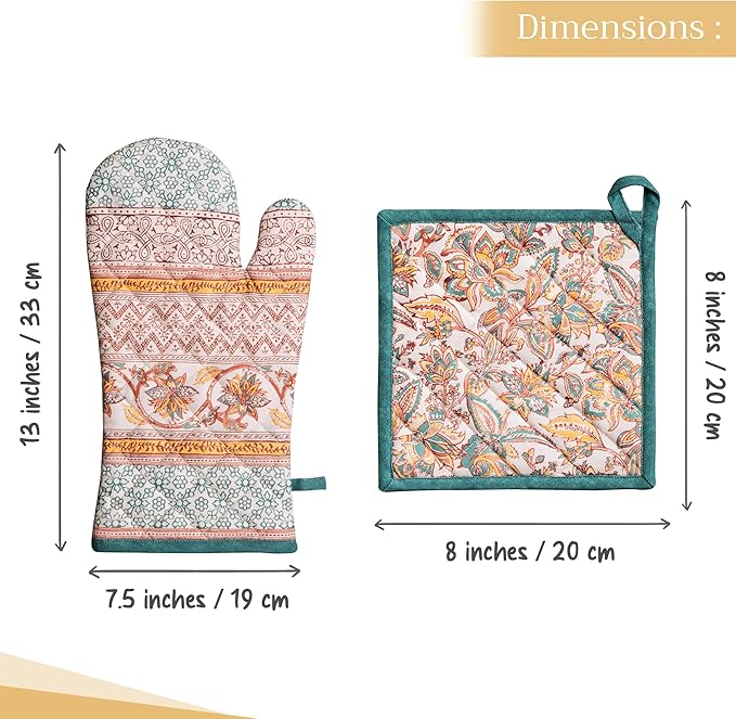 Maison d' Hermine 100% Cotton Oven Mitt & Pot Holder Set (7.5"x13" & 8"x8") Heat Resistant BBQ Cooking Gloves with Loop for Thanksgiving Christmas Decorations Handling Hot Pans (Nila)