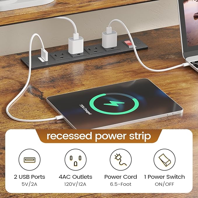 SEDETA L Shaped Office Desk, 66" Corner L Shaped Computer Desk with File Drawer & Power Outlet for Home Office, Gaming Table with Led Lights, Monitor Shelf, Printer Storage Shelves, Rustic Brown