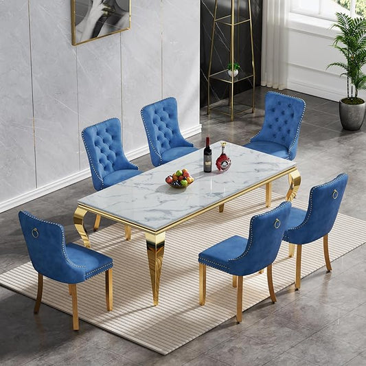 70" Marble Dining Table Set for 6, Modern 7 Piece Dining Room Table Set with White Faux Marble Dining Table & 6 Blue Velvet Upholstered Chairs, Luxury Gold Kitchen Table Chairs Set of 6