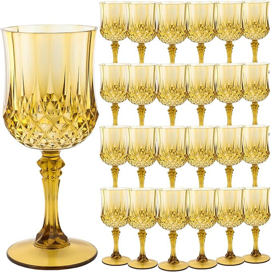 Plastic Wine Glasses，Plastic Goblets Vintage Style Cordial Drinking Glasses for Wedding Reception, Grand Event Party Supplies (24, Gold)