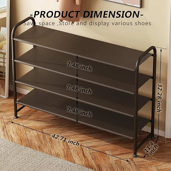 Shoe Rack 4 Tier Long Storage Organizer Wide Metal Shoe Shelf for Closet Entryway Brown