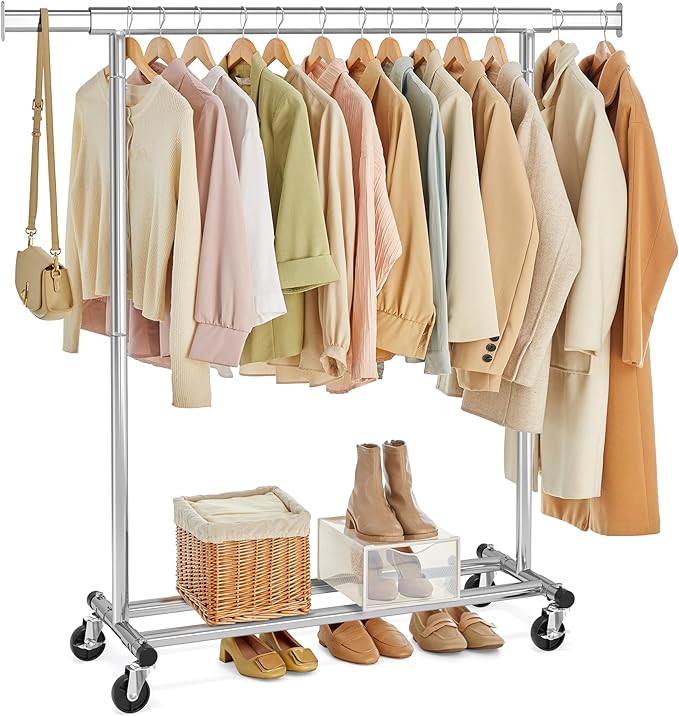 SONGMICS Clothes Rack with Wheels, Heavy-Duty Clothing Rack for Hanging Clothes, Portable, 17.7 x (36.2-52) x 63.6 Inches, with Extendable Rail, 220 lb Load Capacity, Silver UHSR13SV1