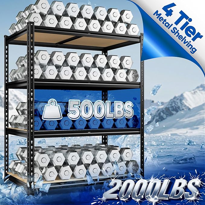 40" W Garage Shelving, 4 Tier Storage Shelves Load 2000 lbs, Adjustable Garage Shelves, Metal Shelving Unit for Warehouse, Basement, Pantry, 40" Wx 16" D x 60" H, Black