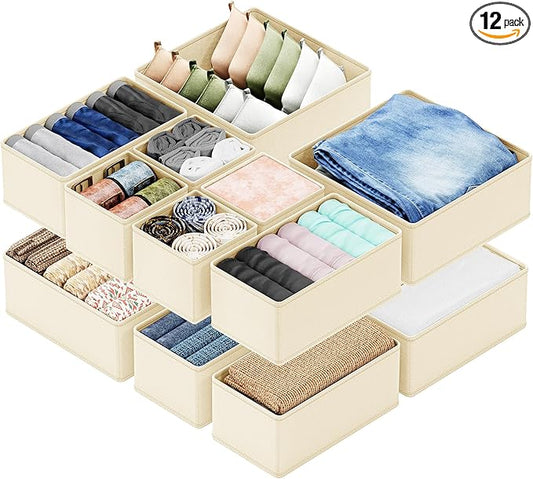 SpaceAid Drawer Organizer Clothes, 12 Pack Dresser Organizer Bins for Nursery, Closet Organization and Storage Dividers for Clothing, Baby Clothes, Underwears, Socks (Beige)