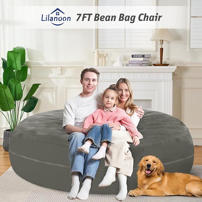 7FT Bean Bag Chair with Ultra Soft Velvet Cover Bean Bag Sofa with Memory Foam Bean Bag Chairs with Large Size Lazy Sofa for Dorm Office Living Room Bedroom Grey 7'