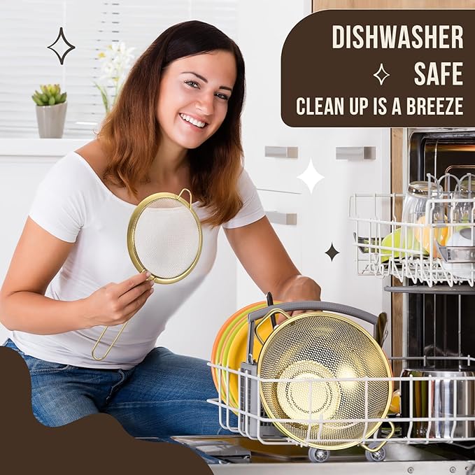 Baderke 7 Pcs Gold Kitchen Accessories Includes Stainless Steel Colander with Handles, 3 Gold Mixing Bowls with Airtight Lids and 3 Fine Mesh Strainer(Colander: 4 Qt, Mixing Bowls: 1/1.5/2 Qt)