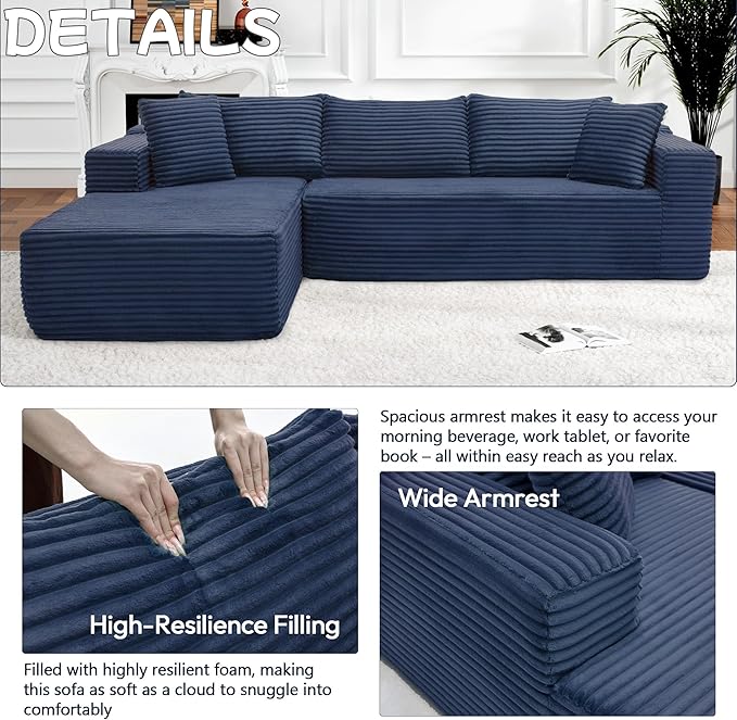 105" Cloud Sectional Couch with L-Shape Chaise,Modern Modular Sofa with Deep Seat, Fluffy Boneless Couches for Living Room Bedroom,No Assembly Required, Dark Blue (Plush Flannel Fabric)