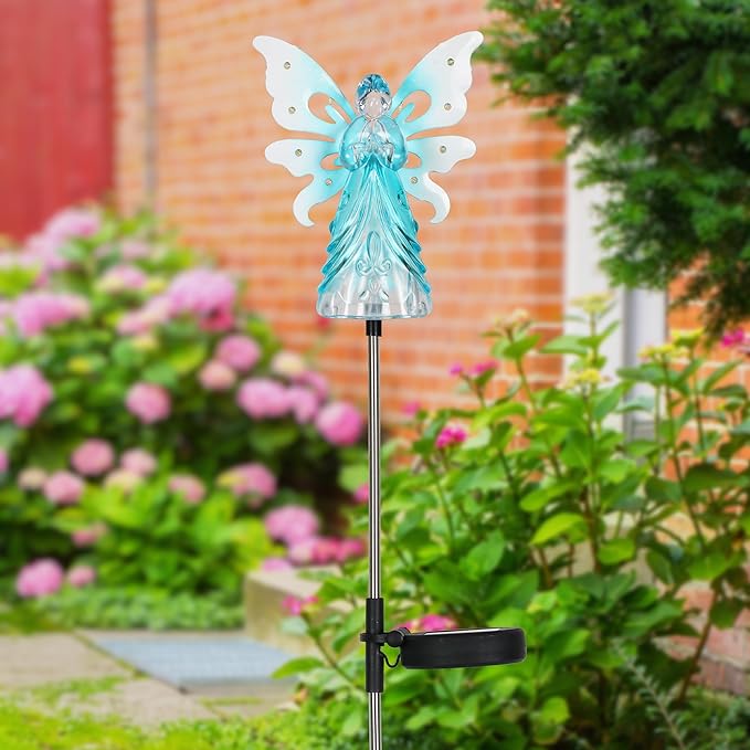 Exhart Garden Solar Lights, Decorative Angel Garden Stake, 13 LEDs, Cute Yard and Pathway Decor, Blue, 7 x 40 Inch