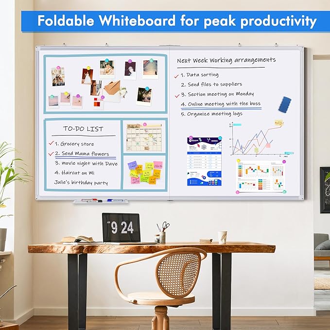 Magnetic White Board Dry Erase Board for Wall，72" x 40" Wall-Mounted Aluminum Frame Marker Board, Foldable Portable Whiteboard with a Long Pen Tray for School, Classroom, Office & Home