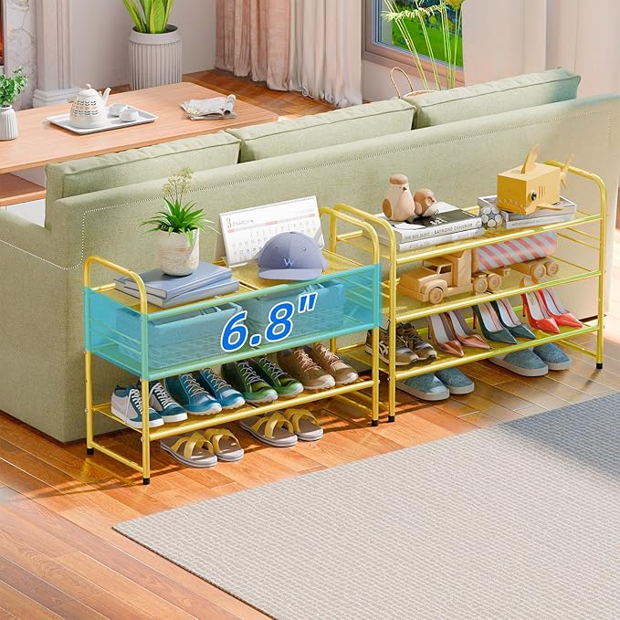 SUFAUY Shoe Rack for Closet, 33 inch Metal Shoe Rack Organizer Heavy Duty, 3 Tier Mesh for Shoes, Gold