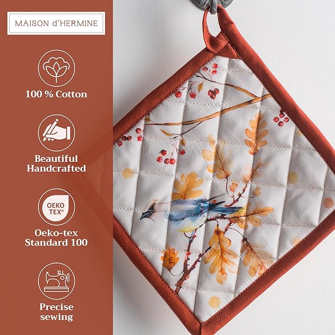 Maison d' Hermine Pot Holders Set 100% Cotton Heat Resistant Potholders 8" x 8" Hot Pads with Loop for Thanksgiving Christmas Decorations BBQ Cooking Baking Handling Hot Pans (Pack of 2, Oak Leaves)