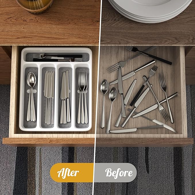 5-Slot Utensil Drawer Organizer for Silverware & Cutlery | Large Plastic Utensil Holder with Non-Slip Design, Silverware Drawer Organizer, BPA-Free (White)