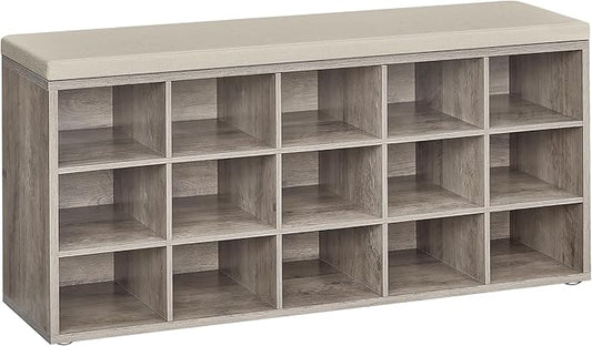 VASAGLE CUSTOS Collection - Shoe Bench, Storage Bench with Padded Seat, Entryway Bench with 15 Compartments, for Bedroom, 11.8 x 41.3 x 18.9 Inches, Heather Greige and Cappuccino Beige ULHS015K01