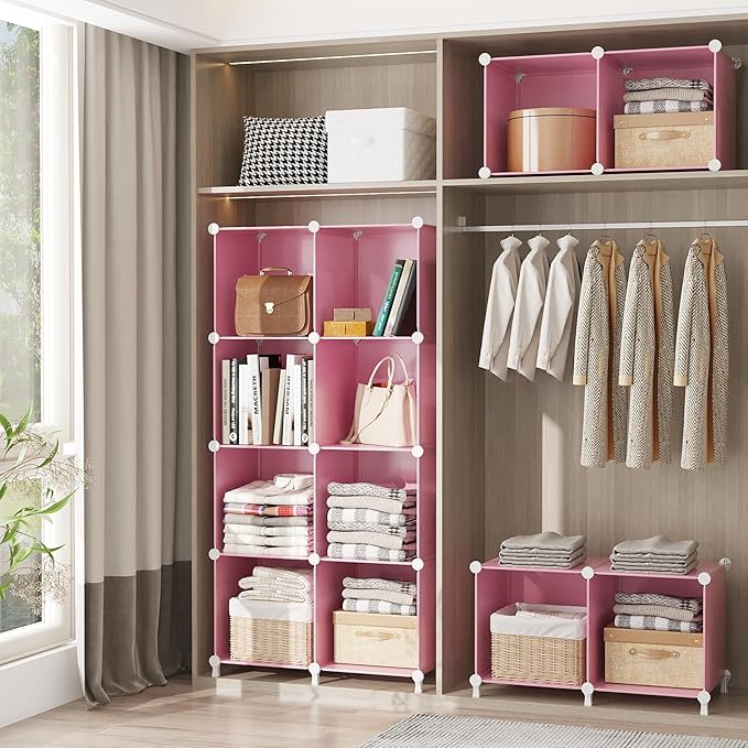 AWTATOS Cube Storage Organizer Protable Closet Organizers and Storage for Kids DIY Stackable 6 Cubes Storage Shelves Clothes Organizer for Bedroom, Home, Pink