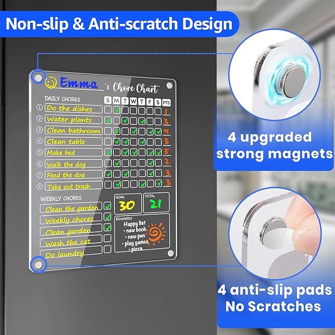 PigPotParty Acrylic Magnetic Chore Chart for Kids on Fridge – 2 Pack 9.5"x12" Weekly Dry Erase Chore Board with 8 Fine Tip Colorful Markers and 1 Towel – for Multiple Kids, Teens and Family