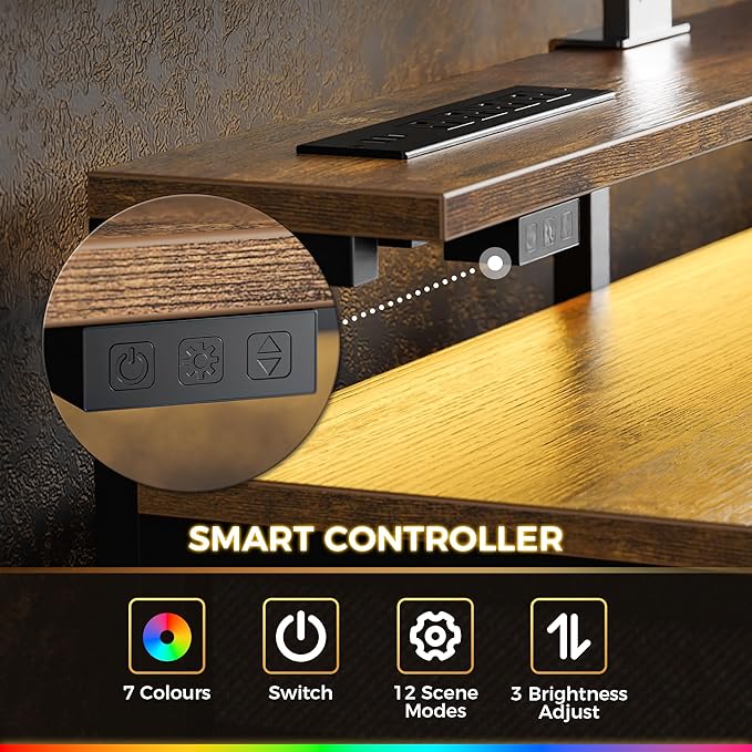 Huuger Gaming Desk with 6 Drawers, Computer Desk with LED Lights Power Outlets and Type-C, 55 Inch Office Desk with Storage, Monitor Stand, Writing Desk Work Desk for Home Office, Study, Rustic Brown