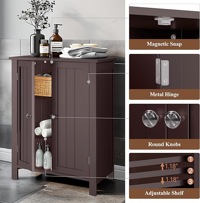 ZENY Bathroom Floor Storage Cabinet with Double Door + Adjustable Shelf, Wooden Organizer Cabinet for Living Room, Bathroom, Bedroom, Modern Home Furniture (Brown)