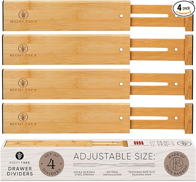 Night Tree Expandable Bamboo Drawer Dividers – Spring-Loaded Wooden Organizers for Clothes, Kitchen Utensils, Bathroom, and Dresser Drawers (14.5" to 16.5")