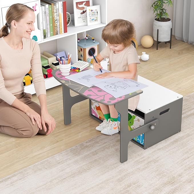 HONEY JOY Kids Table and Chair Set, 3-in-1 Convertible Wooden Toy Storage Bench with Handle, 2 Bins for Kids Reading Nook, Toddler Table and Chair Set for Daycare Playroom Classroom (Gray)