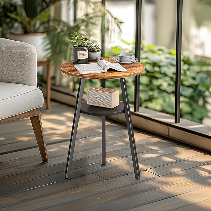 INHABIT UNION Round End Table,Accent Table Small Side Table for Living Room Bedroom, Balcony with Wooden Boards Storage Small Space (Rustic Brown)