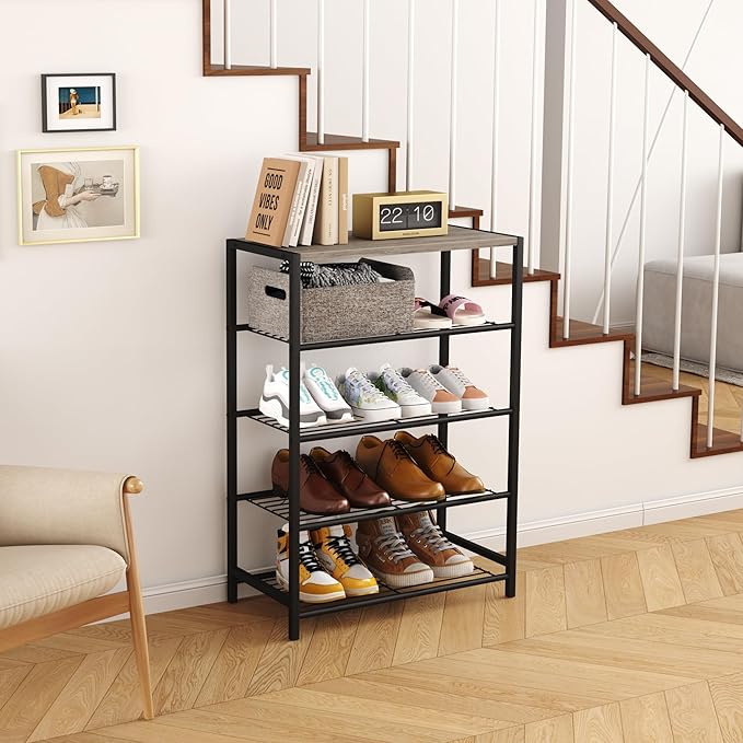 HOMEFORT 5 Tiers Shoe Rack Organizer,23" Shoe Storage Shelf for Closet, Shoe Rack for Entryway, Each Tier Fits 3 Pairs, Shoe Stand with Metal Shelves and MDF Top Board, Washed Gray