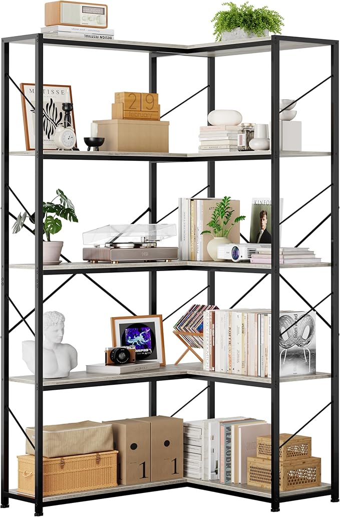 Shintenchi 5 Tier Corner Bookshelf,L Shaped Bookcase,Large Etagere Bookcase,Corner Shelf Display Storage Rack with Metal Frame for Living Room Bedroom Office,Grey