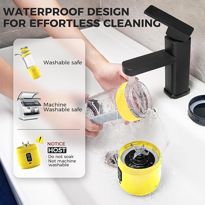 Portable Blender, Anti-Jamming 300 Watt for Shakes and Smoothies, 24oz Travel Blender USB Rechargeable, BPA Free Sporty bottle with a Travel Lid. (Black Base Grey Lid) (Yellow Base Grey Lid)