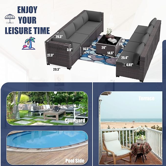 Kurapika 9 Pieces Patio Furniture Set, Rattan Wicker Outdoor Conversation Sets w/4 Inch Cushion and Glass Coffee Table(Grey)