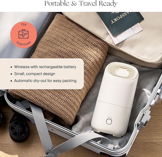 Canopy Portable Misting Humidifier - Cordless 11 HR Run Time, 500 mL, TSA Approved Travel Humidifier - Alleviate Symptoms of Allergies, Flu, Cold, Dry Skin - Includes Aroma & Adapter - Cream