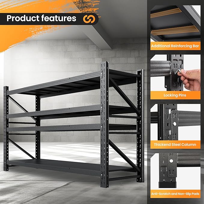 68” W Metal Shelf Heavy Duty, 8000LBS Metal Garage Shelving Units, 4 Tier Storage rack shelves, Steel Industrial Shelving , Adjustable Standing Shelf for Basement/Warehouse 68"W x 24"D x 64"H, Black