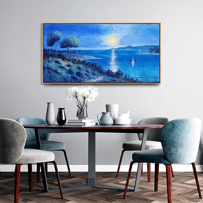 Large Painting Wall Art Blue watercolor Ocean Picture for Living Room Coastal Home Bedroom Decoration sailing boat Framed Artwork Decor 24×48IN